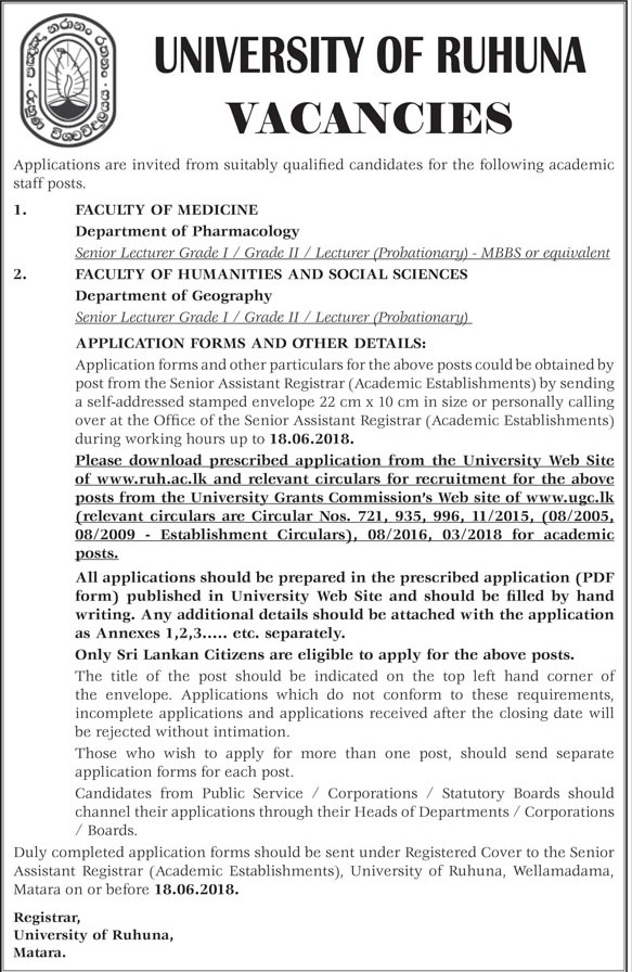 Senior Lecturer, Lecturer (Probationary) - University of Ruhuna